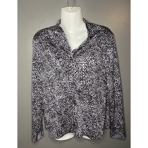 Vintage 1970s Kiva Ltd. Purple Black Splatter Effect Mock Neck Blouse Size 14 - Picture 1 of 6